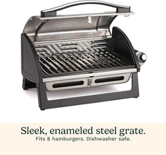 Cuisinart Grillster Portable Gas Grill, Stainless Steel Compact BBQ Grill with Locking Lid for Easy Transport, 8000 BTU Propane Grill with Dishwasher Safe Cooking Grate, Small Grill for Camping & BBQs