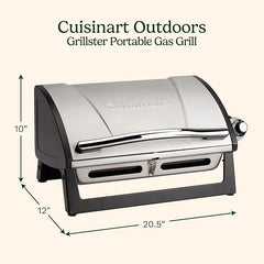 Cuisinart Grillster Portable Gas Grill, Stainless Steel Compact BBQ Grill with Locking Lid for Easy Transport, 8000 BTU Propane Grill with Dishwasher Safe Cooking Grate, Small Grill for Camping & BBQs